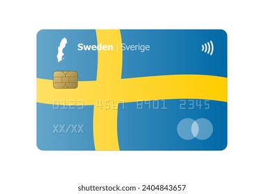 Realistische Kreditkarte mit Flagge und Karte von Schweden einzeln auf weißem Hintergrund. Vektorgrafik, Muster. Bank von Schweden