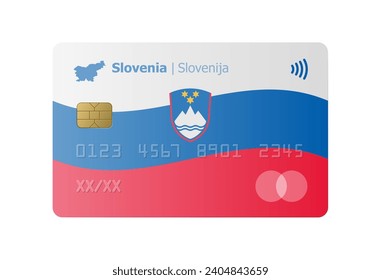 Realistische Kreditkarte mit Flagge und Karte von Slowenien einzeln auf weißem Hintergrund. Vektorgrafik, Muster. Slowenische Bank
