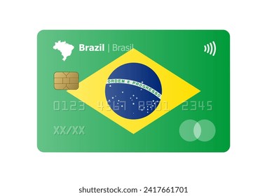 Realistic credit card with flag and map of Brazil isolated on white background. Vector illustration, mockup. Bank of Brazil