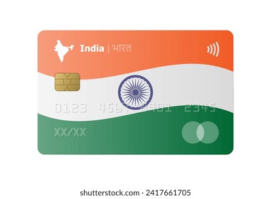 Realistic credit card with flag and map of India isolated on white background. Vector illustration, mockup. Bank of India