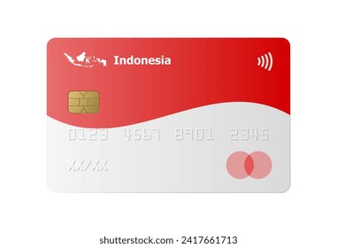 Realistic credit card with flag and map of Indonesia isolated on white background. Vector illustration, mockup. Bank of Indonesia