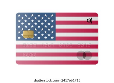 Realistic credit card with flag and map of United States of America isolated on white background. Vector illustration, mockup. Bank of United States of America, USA