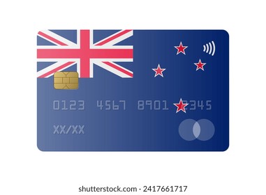 Realistic credit card with flag and map of New Zealand isolated on white background. Vector illustration, mockup. Bank of New Zealand