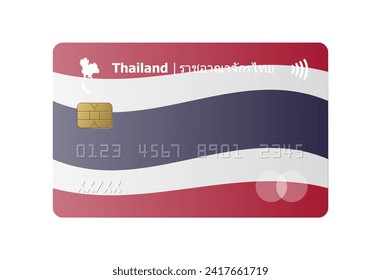 Realistic credit card with flag and map of Thailand isolated on white background. Vector illustration, mockup. Bank of Thailand