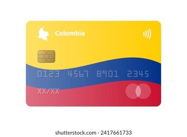 Realistic credit card with flag and map of Colombia isolated on white background. Vector illustration, mockup. Bank of Colombia