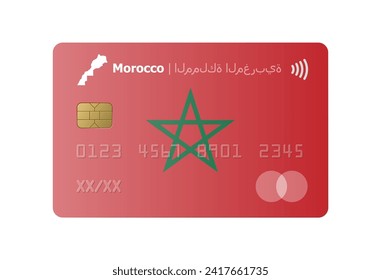 Tarjeta de crédito realista con bandera y mapa de Marruecos aislado en fondo blanco. Ilustración vectorial, burla. Banco de Marruecos