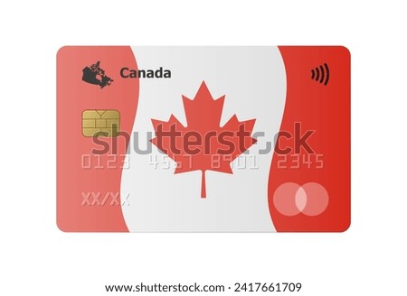 Realistic credit card with flag and map of Canada isolated on white background. Vector illustration, mockup. Bank of Canada
