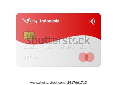 Realistic credit card with flag and map of Indonesia isolated on white background. Vector illustration, mockup. Bank of Indonesia