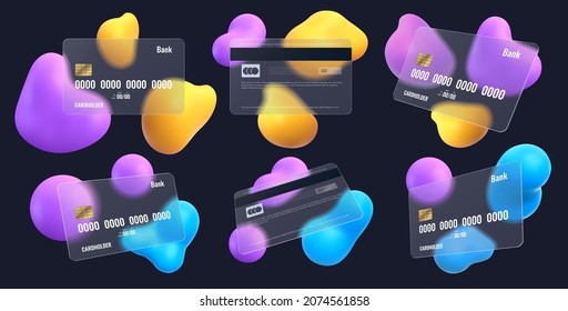 Realistic Credit Card Mockup In Glassmorphism Style With Blur. Transparent Plastic Shopping Debit Cards. Glass Bank Payment Card Vector Set. Matte Card Design Templates For Commercial Use