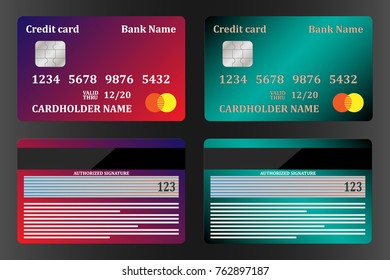 Realistic credit cards, view from both sides, set. Vector illustration, isolated