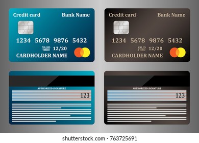 Realistic credit cards, view from both sides, set. Vector illustration, isolated