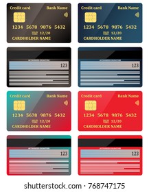 Realistic credit cards, view from both sides, set. Vector illustration, isolated