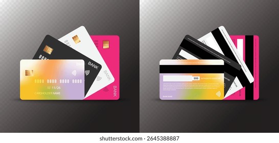 Realistic Credit and Debit Card Set – Multi-Colored Plastic Bank Cards Fanned Out, Front and Back View Vector Illustration