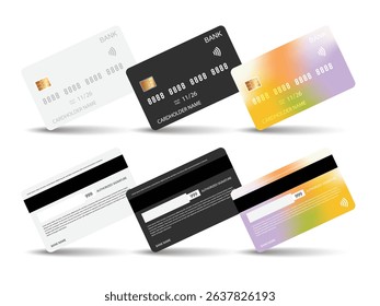Realistic Credit Debit Card Vector Mockup Set – 3D Style Editable Bank Card Templates with Front and Back Views and Shadow for Payment, Finance, and Business Design