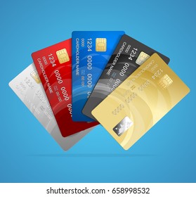 Realistic Credit Plastic Card Set on a Blue Background Banking Finance Technology. Vector illustration