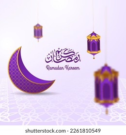 realistic crescent and islamic lantern in purple and gold color for Ramadan Kareem with arabic calligraphy. islamic background