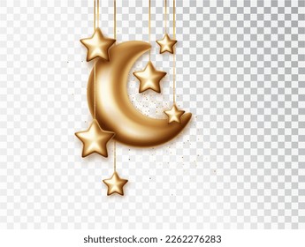 Lunas de media luna de realismo con estrellas colgantes omposición para la decoración islámica del mes sagrado aislado. Elementos decorativos 3d para las fiestas musulmanas.