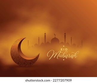 realistic crescent on eid mubarak festival background with smoke effect vector 