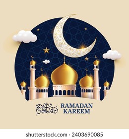Realistic Crescent vector illustration of Islamic with mosque for Ramadan Kareem and eid mubarak. Golden Half Moon pattern