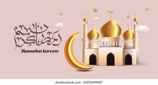 Realistic Crescent vector illustration of Islamic with mosque for Ramadan Kareem and eid mubarak. Golden Half Moon pattern