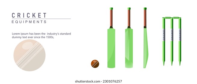 Realistic cricket ball and bat illustration with white background. Without shadow cricket ball bat. Sports equipment. Bowling ball. Cricket equipment vector. Macro close up cricket ball bat. wicket