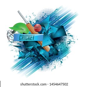 Realistic cricket elements on blue brush stroke white background for Live cricket League poster or flyer design. vector illustration