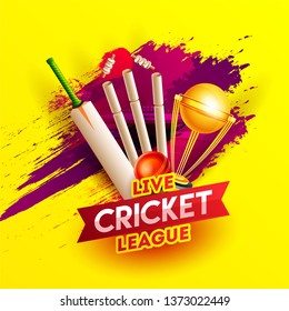 Realistic cricket elements on red brush stroke yellow background for Live Cricket League poster or flyer design.