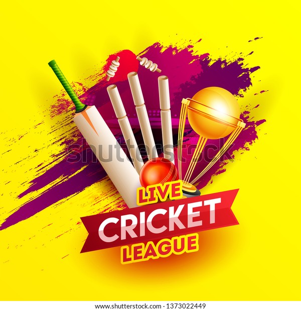 Realistic cricket
elements on red brush stroke yellow background for Live Cricket
League poster or flyer
design.