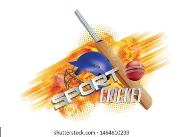 Realistic cricket elements on yellow brush stroke white background