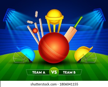 Realistic Cricket Equipment with Golden Trophy Cup and Two Helmet of Participants Team A & B on Glossy Stadium Background for Cricket Championship.