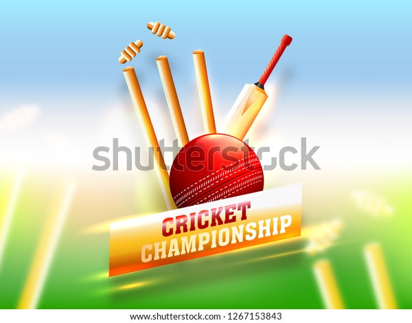Realistic cricket equipment such as\
bat, ball and wicket stumps on shiny blurry\
background.
