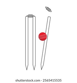 Realistic cricket wickets hit by red test ball. Cricket ball for a sports game stock vector illustration isolated on white background. 