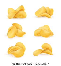 Patatas fritas crujientes realistas. Colección crujiente de rodajas de patata frita aislada sobre fondo blanco. Publicidad o Elementos de diseño de paquetes.