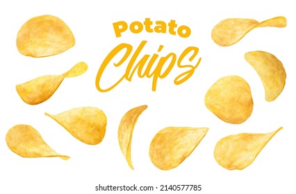 Patatas fritas de patata aisladas y crujientes realistas. 3 quinquies vectores trozos de bocadillos crujientes, elementos de comida chatarra para publicidad. Deliciosa merienda vegetal, comida rápida, comida crujiente, objetos aislados