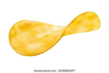 Realistic crispy wavy potato chip with golden crisp texture and seasoning flakes. Isolated 3d vector curved fast food piece, glossy, crunchy, oily and flavorful snack for packaging or advertising