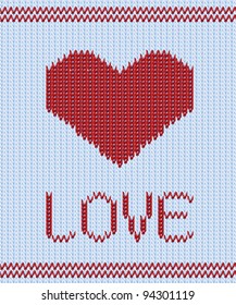 Realistic crochet fabric background with red heart. Seamless both vertical and horizontal.
