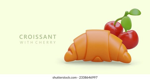 Realistic croissant with cherries. Fresh sweet pastries and berries. Idea of delicious breakfast. Color commercial banner on yellow background. Place for text