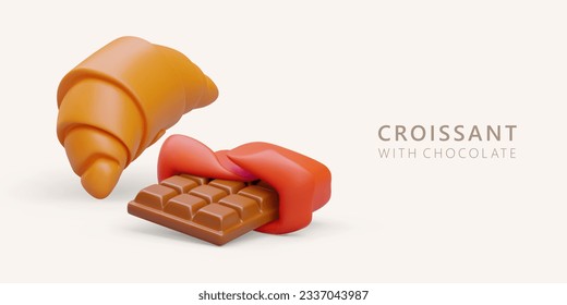 Realistic croissant with chocolate. Baking with cream. Bun with sweet filling. Banner with croissant and half opened chocolate bar. Bakery advertisement. Place for text