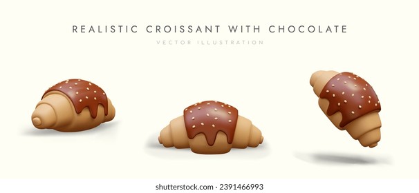 Cruasán de chocolate con vidrieras y rociadores. Pastelería dulce y crujiente con relleno. Postre francés. Vista desde un ángulo diferente. Vector de confitería, café, escuela culinaria, blog