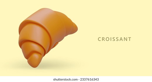Realistic croissant on yellow background. Classic French pastry. Delicious breakfast. Vector concept for collection of recipes. Bakery sign. Banner for grocery store