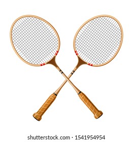 Realistic crossed badminton rackets for badminton tournament and championship posters design. Vector Court sport equipment, 3d racquet icon. Active lifestyle symbol.