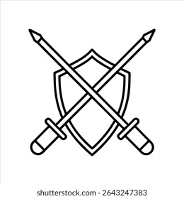 Realistic Crossed Swords with Shield Line Drawing