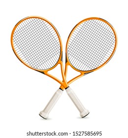 Realistic crossed tennis rackets for tennis tournament and championship posters design. Vector tennis betting promo design. Court sport equipment 3d icon. Active lifestyle symbol.