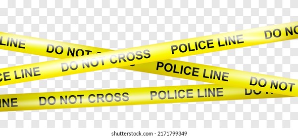 Realistic crossing caution tape of warning signs for crime scene or construction area in yellow. Police line and do not cross ribbon. Warning danger tape. Ribbons for accident, under construction
