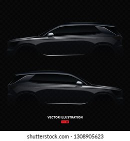 Realistic crossover car silhouette. Vector illustration with side view on silhouettes of car isolated on black transparent background.