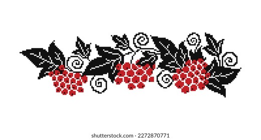 Realistic Cross-Stitch Composition with Guelder Rose. Ethnic Floral Motif, Handmade Stylization. Traditional Ukrainian Red and Black Embroidery. Ethnic Design Element. Vector 3d Illustration