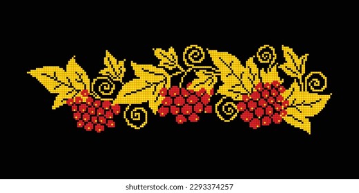 Realistic Cross-Stitch Composition with Guelder Rose. Ethnic Floral Motif, Handmade Stylization. Traditional Ukrainian Red and Black Embroidery. Ethnic Design Element. Vector 3d Illustration