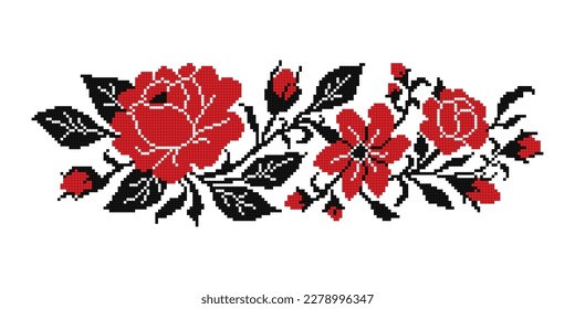 Realistic Cross-Stitch Embroideried Composition with Roses. Ethnic Floral Motif, Handmade Stylization. Traditional Ukrainian Red and Black Embroidery. Ethnic Design Element. Vector 3d Illustration