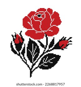 Realistic Cross-Stitch Embroideried Rose. Ethnic Floral Motif, Handmade Stylization. Traditional Ukrainian Red and Black Embroidery. Ethnic Single Design Element. Vector 3d Illustration