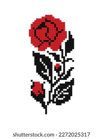 Realistic Cross-Stitch Embroideried Rose. Ethnic Floral Motif, Handmade Stylization. Traditional Ukrainian Red and Black Embroidery. Ethnic Single Design Element. Vector 3d Illustration